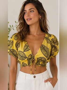 Zara Yellow Palm Print Cotton Linen Puff Sleeve Cropped Tie Front Top XS